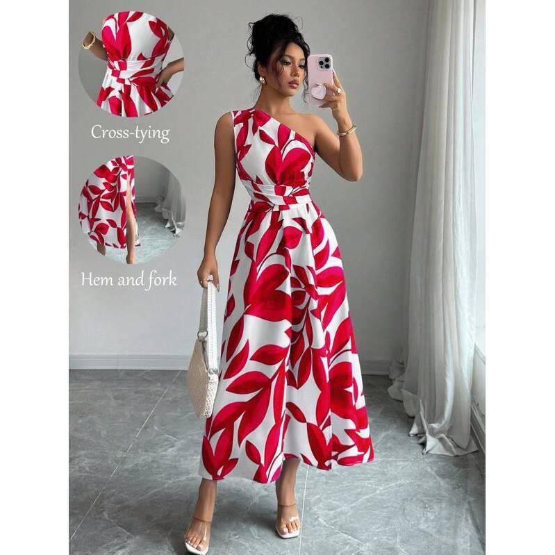 Elenzga Women's Fashion All-Over Print Slit Dress With Cinched Waist And One Sho
